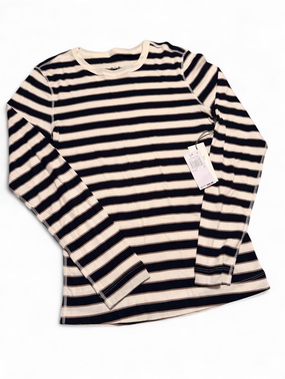 Three Dots Striped Long Sleeve Tee - Black & Cream
